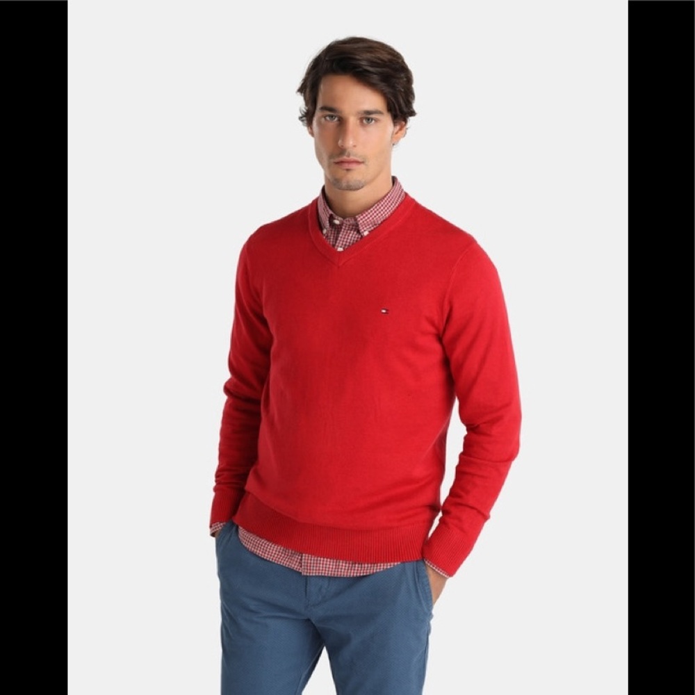 New Tommy Hilfiger Cotton Red V-neck Long sleeve Knit Sweater Size Medium
